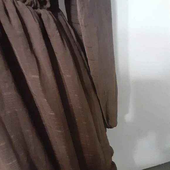 By The River (S)  Brown Maxi Dress w/V Neck, Long Sleeves, Ruffle Hem. - Picture 3 of 5